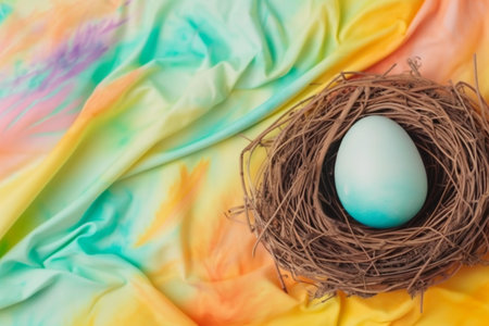 Easter egg in a nest on a background of multicolored fabricの素材