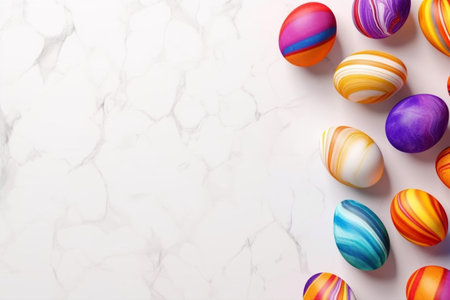 Colorful easter eggs on white marble background. top view with copy spaceの素材