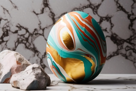 Easter egg painted in the form of a shell on a marble backgroundの素材