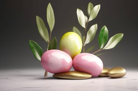 Easter eggs and olive branch on white marble background. 3d renderingの素材
