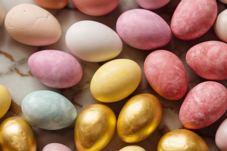 Close up of chocolate easter eggs in pastel colorsle backgroundの素材