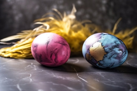 Colorful painted easter eggs with feathers on a black marble backgroundの素材