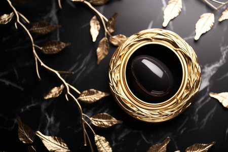 Wine glass and golden leaves on black marble table, closeupの素材