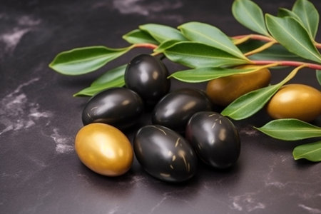 Black and gold olives with green leaves on a black background.の素材