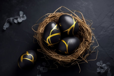 Black and gold easter eggs in a nest on a black backgroundの素材