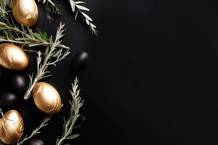 Easter background with black and gold eggs and olive branches on blackの素材