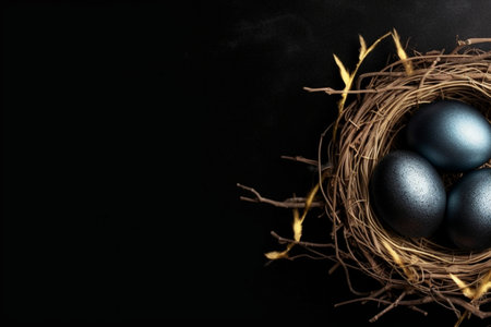 Easter eggs in a nest on a black background with copy space.の素材