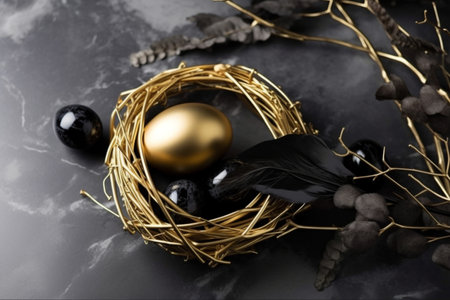 Golden Easter eggs in a nest on a black marble background. copyspace.の素材