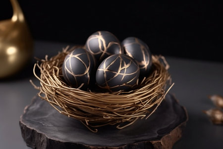 Easter eggs in a nest on a wooden stand on a black backgroundの素材