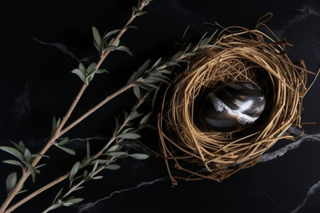 Easter egg in a nest of twigs on a black backgroundの素材