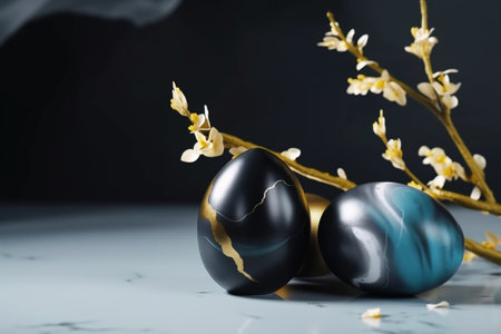 Beautiful Easter eggs with flowers on table against black background, closeupの素材
