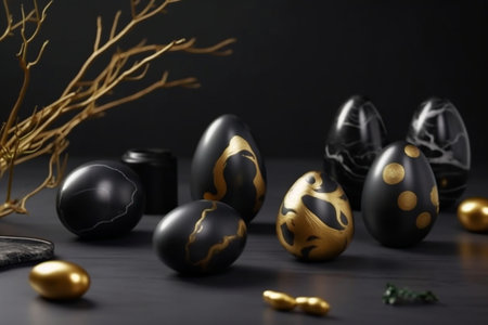 Black and gold easter eggs on black background.の素材