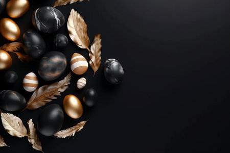 Black and golden easter eggs with feathers on black background.の素材