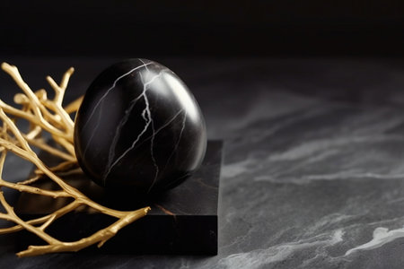 Easter egg with black marble and golden branch on black marble backgroundの素材