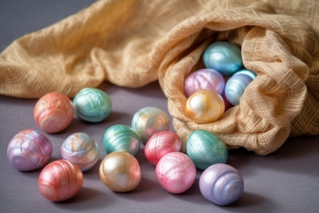 Colorful easter eggs in a burlap bag on a gray backgroundの素材