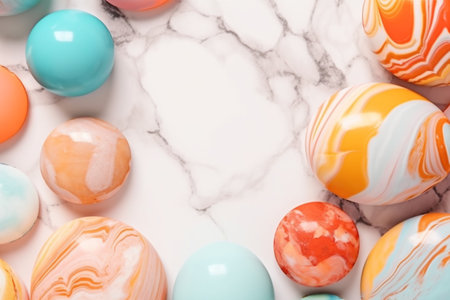 Colorful Easter eggs on white marble background, top view. Space for textの素材
