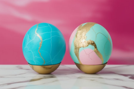 Easter eggs with cracked paint on white marble table and pink backgroundの素材