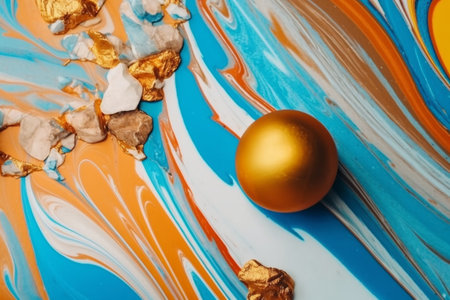 golden christmas ball on a blue and orange background with crumpled paperの素材
