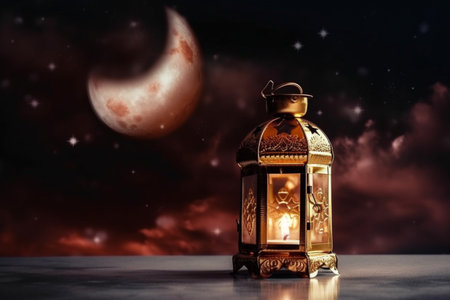 Lantern with burning candle on dark background. ramadan kareem conceptの素材