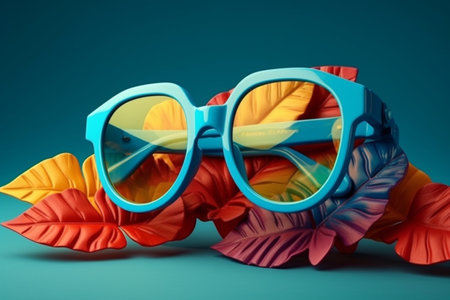 Sunglasses with tropical leaves on blue background.の素材