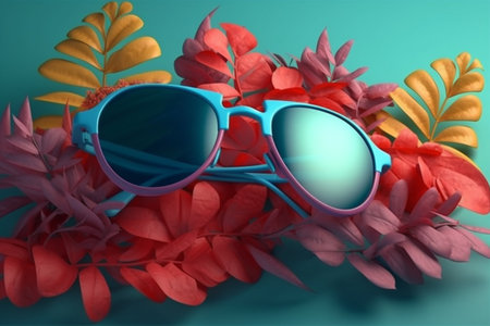 sunglasses and tropical leaves over turquoise backgroundの素材