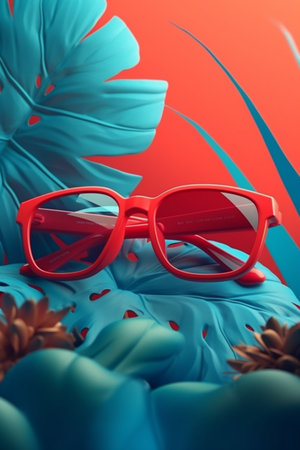 Red sunglasses on the background of tropical leaves.の素材