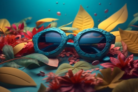Sunglasses and flowers on a blue background.の素材