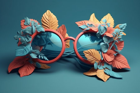 Retro sunglasses with autumn leaves on blue background.の素材