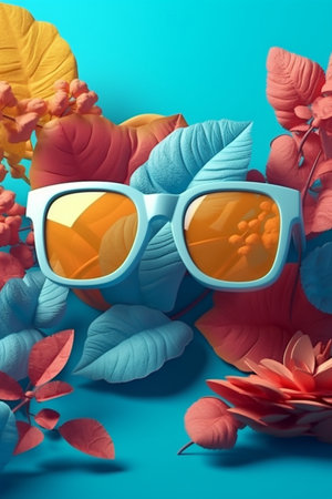 sunglasses with tropical leaves on blue background. Minimal summer concept.の素材