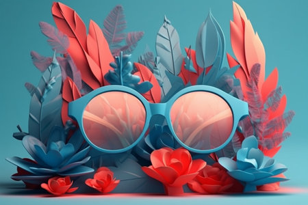 sunglasses and tropical leaves on blue background.の素材
