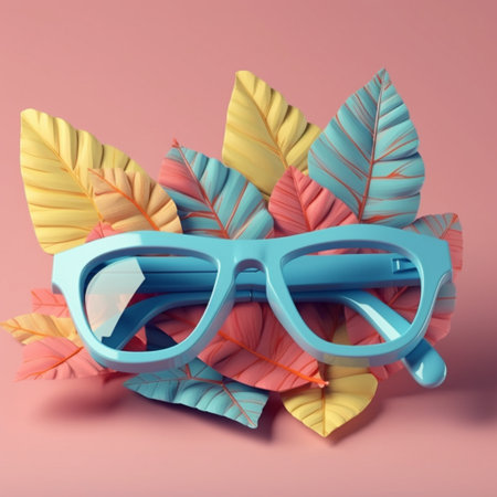 sunglasses and tropical leaves on pastel pink backgroundの素材