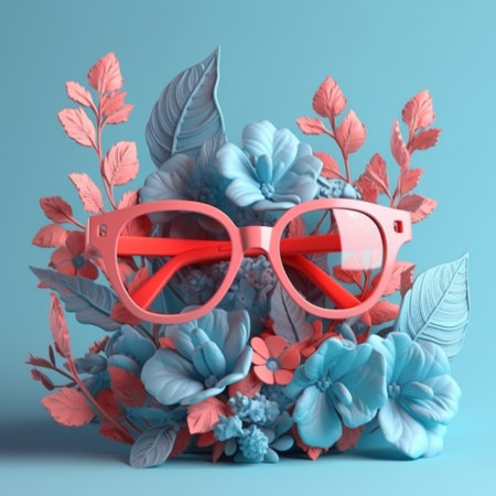 Glasses and flowers on blue background.の素材