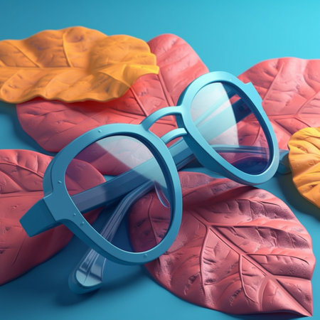 Sunglasses and leaves on blue background.の素材