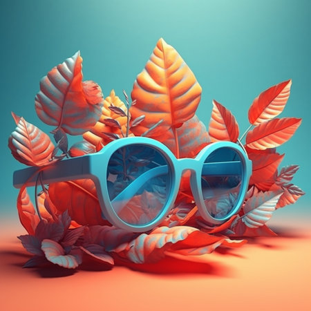 blue sunglasses and leaves on blue background.の素材