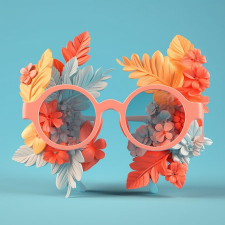 sunglasses made of paper flowers on blue background.の素材