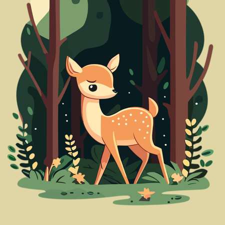 Fawn in the forest. Vector illustration in flat cartoon style.のイラスト素材