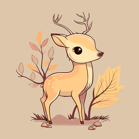 Cute cartoon deer with autumn leaves. Vector illustration in flat style.のイラスト素材