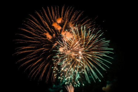 Colorful fireworks of various colors over night sky, celebration and anniversary conceptの素材