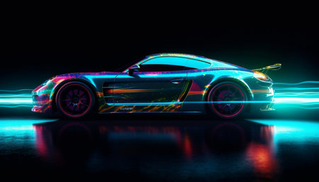 Sport car with neon lights on a dark background.の素材