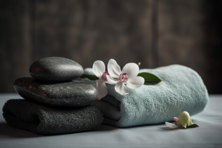 Spa still life with zen stones, orchid flowers and towelsの素材