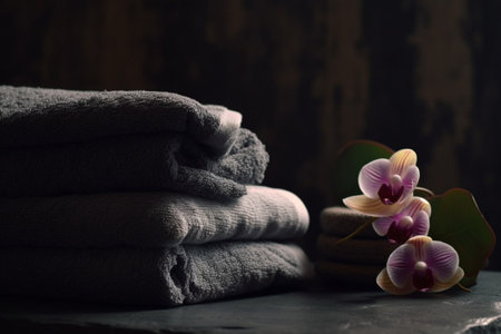 Spa still life with towels and orchid flower on dark backgroundの素材