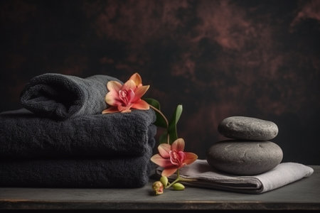 Spa still life with towels and orchid flower on dark backgroundの素材