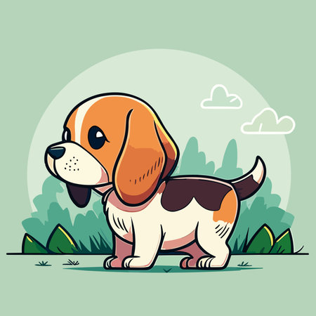 Cute cartoon beagle dog standing on the grass. vector illustration.のイラスト素材