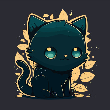 Cute black cat sitting on the ground with leaves. vector illustration.のイラスト素材