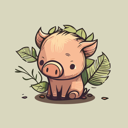 Illustration of a cute pig with leaves on a green background.のイラスト素材