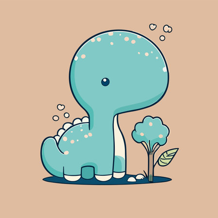 Illustration of a cute dinosaur with a tree in the background.のイラスト素材