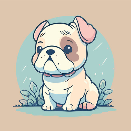 Cute french bulldog sitting in the grass. vector illustration.のイラスト素材