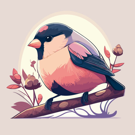 Bullfinch bird sitting on a branch. Vector illustration in cartoon style.のイラスト素材