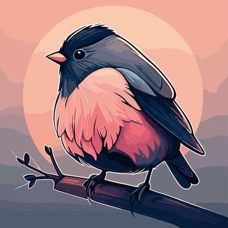 Bullfinch bird sitting on a branch at sunset. vector illustration.のイラスト素材