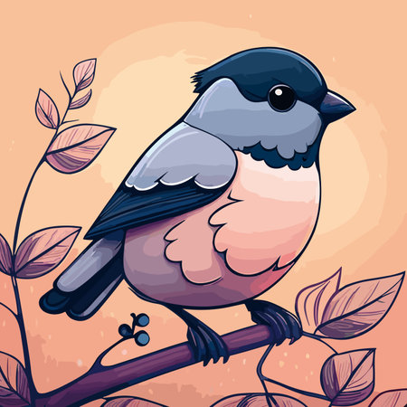 Illustration of a cute little bullfinch on a branch.のイラスト素材
